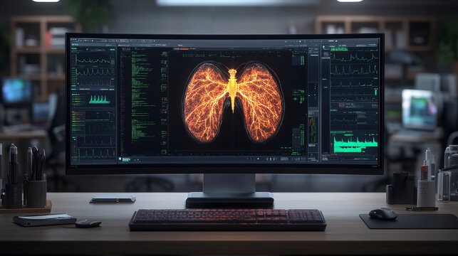 AI system analyzing healthcare data on computer screen, showcasing lung imagery with vibrant visualizations. workspace is modern and organized, reflecting advanced technology