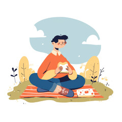 A Flat Illustration of a Man Sitting Cross-Legged in a Peaceful Moment of Reflection