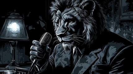 The Lion's Serenade: A Monochromatic Masterpiece of Anthropomorphic Art