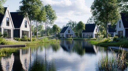 Fototapeta premium Scenic view of modern houses by a tranquil pond surrounded by greenery.