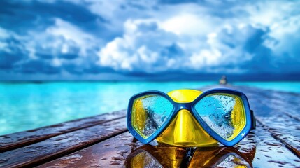 Obraz premium A brightly colored diving mask resting on a glossy, wet wooden pier beside a calm lagoon