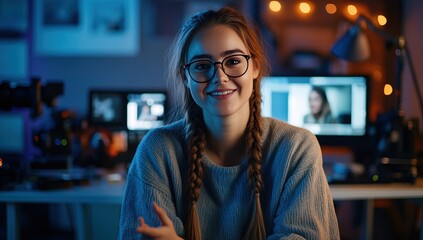 Young Woman Video Editor Works Late Night, Mastering Digital Content Creation Skillfully