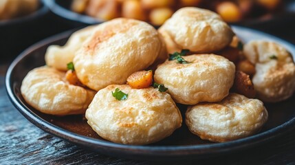 A close-up of puffed puris served with potato curry and tangy pickles on a traditional plate