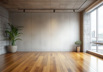 Fototapeta premium Modern Minimalist Room with Elegant Wooden Floor and Natural Light Through Large Window 