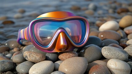 A colorful diving mask with a wide lens positioned next to a small pile of smooth beach stones