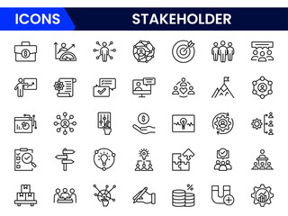 Stakeholder outline icons set. Business, teamwork, trade unions, suppliers, government, customers, creditors, community, investors and partners.