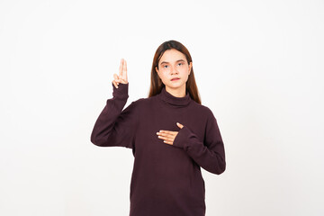 Swearing Gesture Of Beautiful Asian Woman Isolated On White Background
