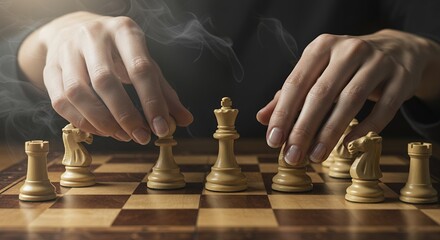 Strategic Chess Game Intense Competition Wooden Pieces Professional Player Hands Closeup Dramatic Lighting    