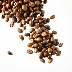 Obraz premium Flying and falling fresh coffee beans on a transparent background