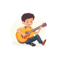 Obraz premium A Boy Playing the Guitar in a Flat Illustration of Musical Passion