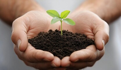 Hands Gently Hold a Seedling Emerging from Dark Soil, Representing Growth and New Life, Fostering Environmental Conservation.