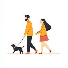 A Couple Walking a Dog in a Flat Illustration of Outdoor Family Fun