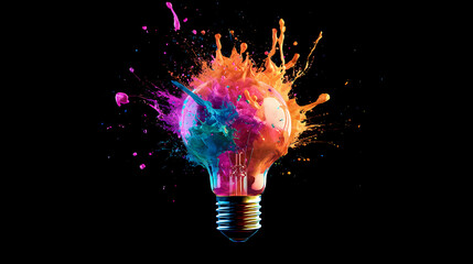 Lightbulb eureka moment with impactful and inspiring artistic colourful explosion of paint energy. Rainspire. Illustration