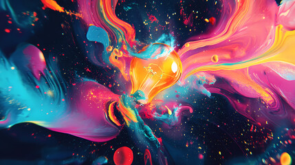 Lightbulb eureka moment with impactful and inspiring artistic colourful explosion of paint energy. generative ai. Rainspire. Illustration