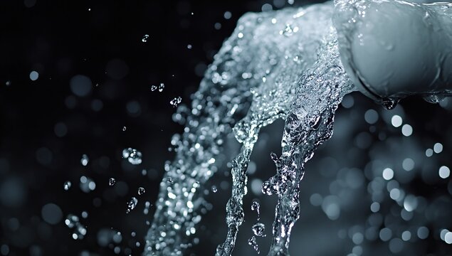 Water Flowing Dynamically, Cascading and Splashing Beautifully in Slow Motion, with Crystal Clear Drops, Highlighting the Purity and Texture of Water.