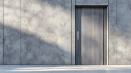 Naklejka premium A minimalist gray door with vertical lines, set in a concrete facade with soft shadows