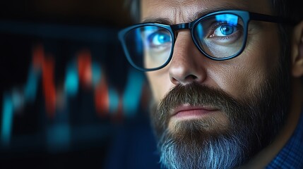 Focused man with glasses looking at screen.