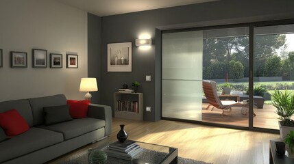 A modern pocket door made of frosted glass, partially open to reveal a stylish interior