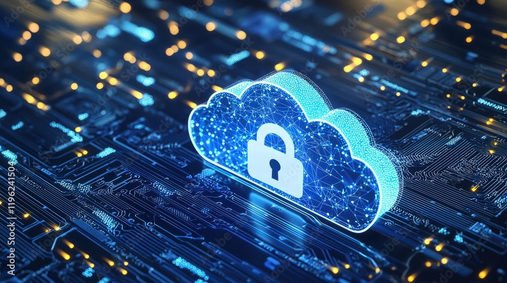 Poster a glowing blue cloud with a padlock sits atop a digital circuit board, representing secure data stor