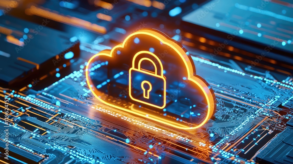 Poster A glowing orange cloud with a padlock on a futuristic circuit board symbolizes secure cloud storage and data protection. Perfect for cybersecurity and IT marketing