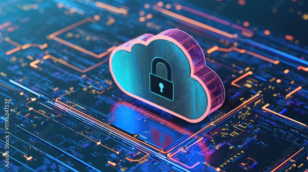Poster a glowing neon cloud with a padlock sits on a futuristic circuit board, symbolizing secure data stor