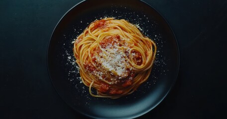 Overhead Pasta Dish, Tomato Sauce, Cheese, Dark Background, Food Photography
