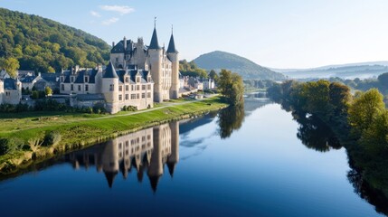 Obraz premium Medieval Castle Reflecting on Calm River