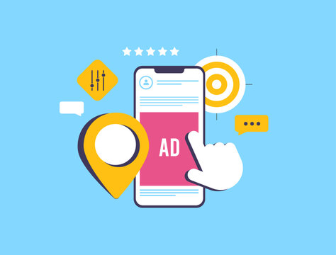 Hyperlocal social media marketing with location pin, targeted ads and analytics on smartphone screen. Perfect for local business advertising, digital strategies and location-based marketing visuals