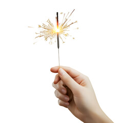 Hand holding a sparkler for night celebration isolated on transparent background, cut out, png