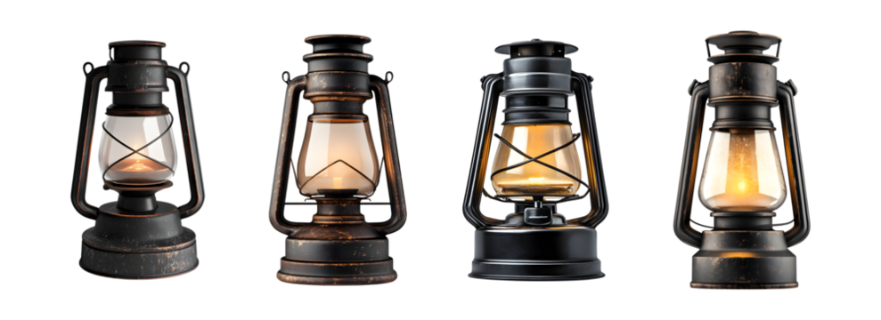 Vintage oil lamp glowing bright isolated on transparent background,