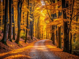 Obraz premium Golden leaves carpet a woodland trail. Minimalist autumn scene.
