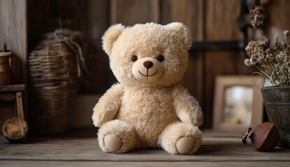 Obraz premium Adorable Teddy Bear Sitting on Wooden Table, Rustic Setting with Dried Flowers, Soft Plush Toy, Child's Plaything, Classic Comfort