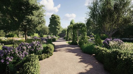 A tranquil garden path lined with flowering bushes and arching trees in a quiet outdoor setting