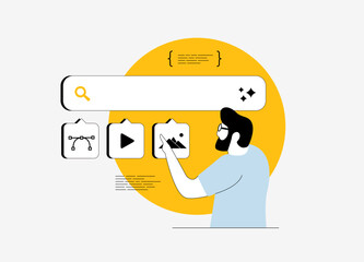 AI image generation prompts for content creation including photo images, video files, vector icons and marketing content. Modern AI assistant for creative and marketing workflows isolated illustration