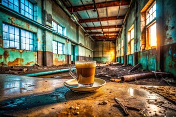 Obraz premium Gritty urban decay: abandoned building, rusted pipes, cold coffee hues, dark grunge aesthetic.