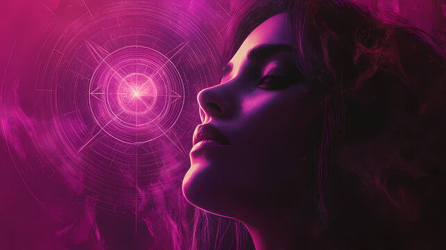 Divine feminine archetype radiating sacred geometry cosmic background ethereal glow spiritual symbolism. Rainspire. Illustration