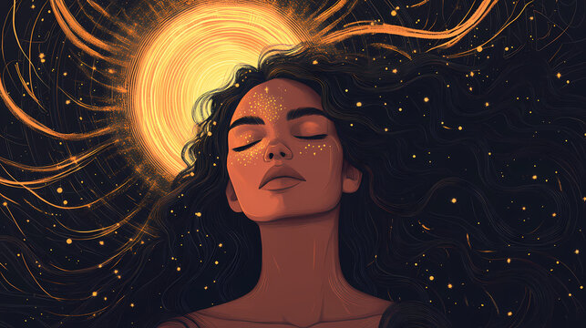 Divine feminine archetype radiating sacred geometry cosmic background ethereal glow spiritual symbolism. Rainspire. Illustration