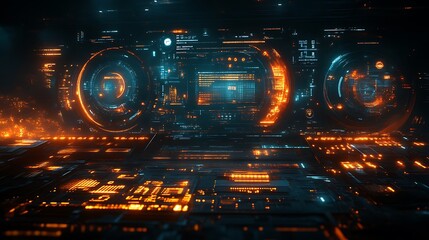 Futuristic tech interface with glowing orange and blue elements.