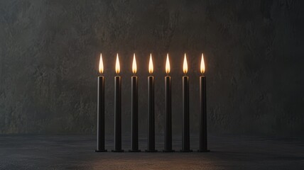 Eight lit candles standing in a row against a dark background, creating a warm ambiance.