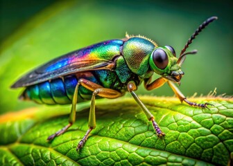 Naklejka premium Vibrant Insect Macro Photography: Nature's Jewel Close Up, Lush Green Leaf, Stunning Patterns