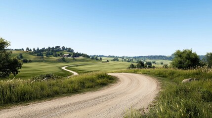 Scenic dirt road winding through lush green fields under a clear sky.