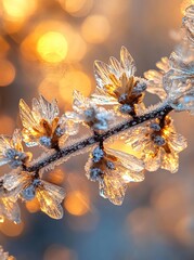 A close-up of a frosted branch with delicate ice crystals sparkling in the sunlight.