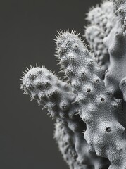 Closeup of a spiky, white cactus with a gray background.