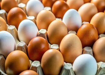 High-resolution close-up: farm-fresh brown and white eggs in carton.