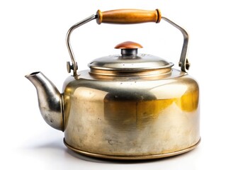Vintage Aluminum Kettle, Retro Tea Kettle, Old Kettle Side View, Isolated White Background, Antique Kettle, Metal Kettle