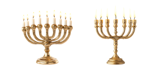set of Golden menorah with lit candles sisolated on transparent background, cut out