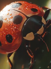 A close-up of a ladybug with water droplets on its shell.