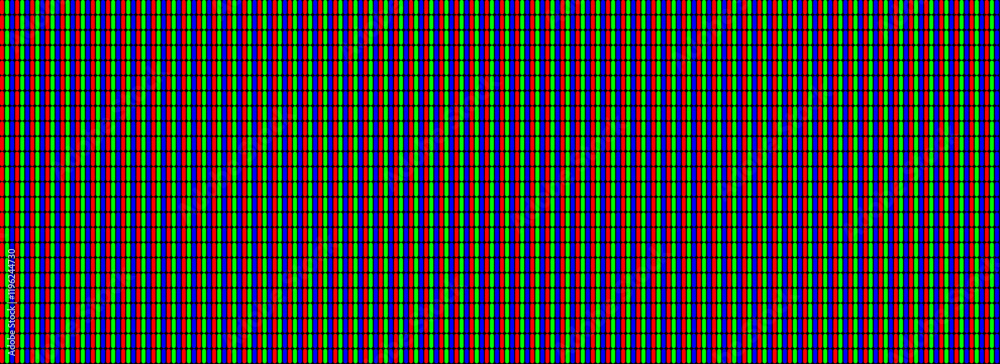 Poster RGB pixel seamless pattern. Repeating LED screen background. LCD display dots wallpaper. Red Green Blue pixelated monitor texture. Repeated dot crt display backdrop. Vector