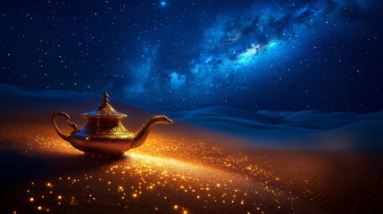 A golden magic lamp sits in the desert, glowing under a breathtaking starry night sky.  A mystical scene of wonder and enchantment.