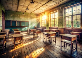 Vintage Classroom, Empty Desks, Chairs, Schoolroom, Retro, Old School,  Aged Photo,  Nostalgic Education, Antique Furniture,  Empty Classroom Photography
